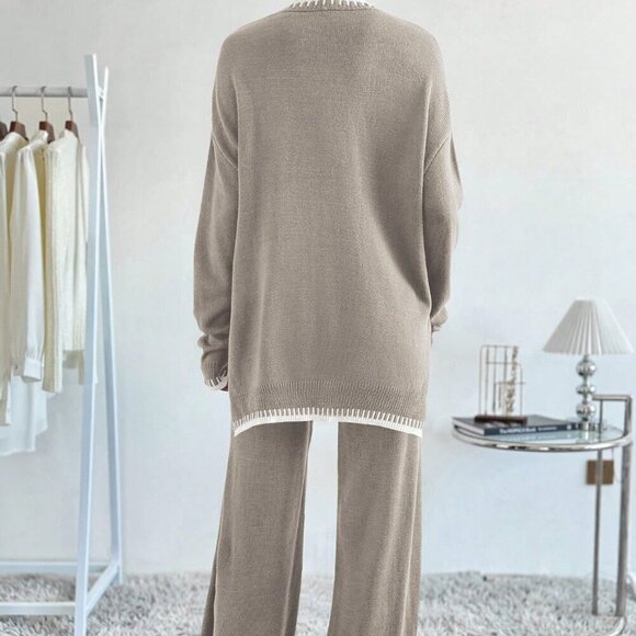 Multicolor Casual Women's Contrast Color Long Sleeve Sweater & Knitted Pants Set - Picture 2 of 6